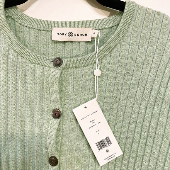 New Tory Burch Metallic Stripe Merino Wool Ribbed Cardigan Mint Green Large $448 - Picture 7 of 9